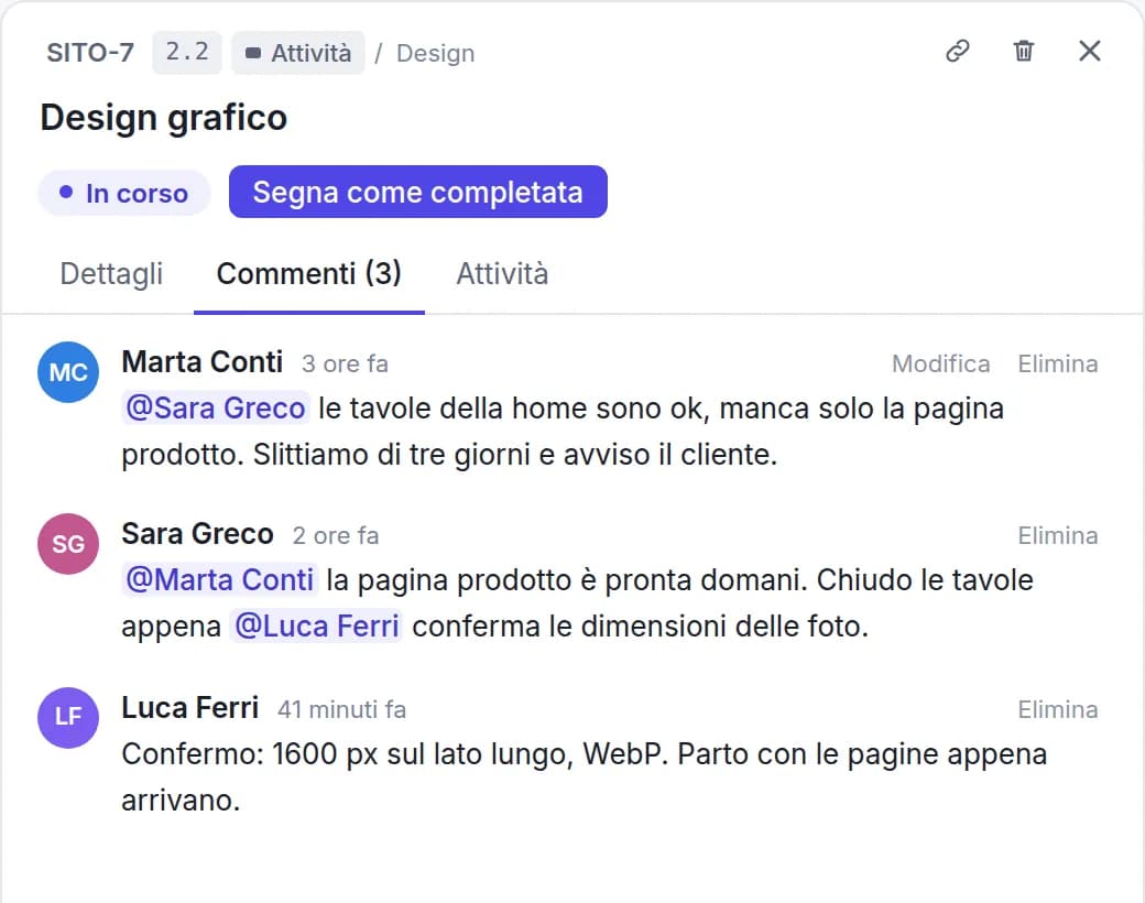 Task panel with comments and @mentions between colleagues